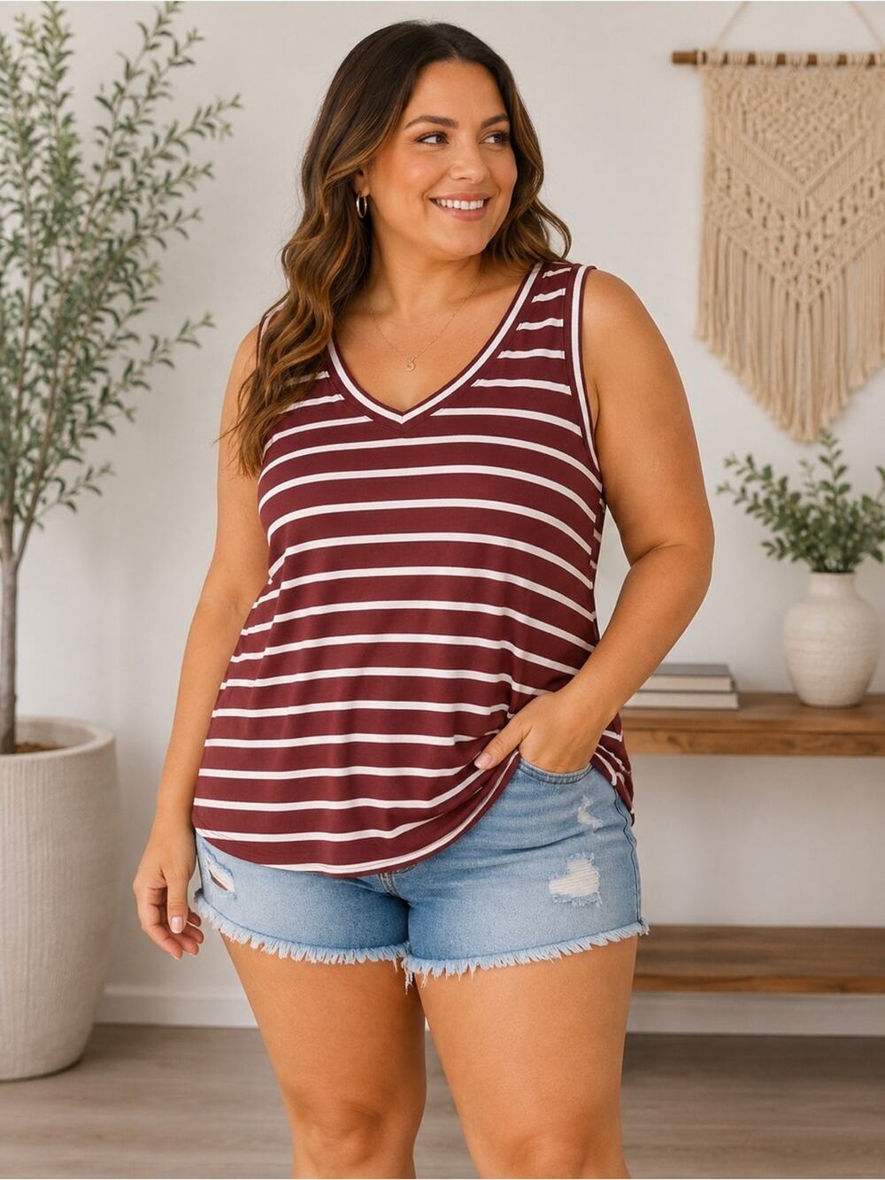 Zenana Stripe V‑Neck Tank Size L